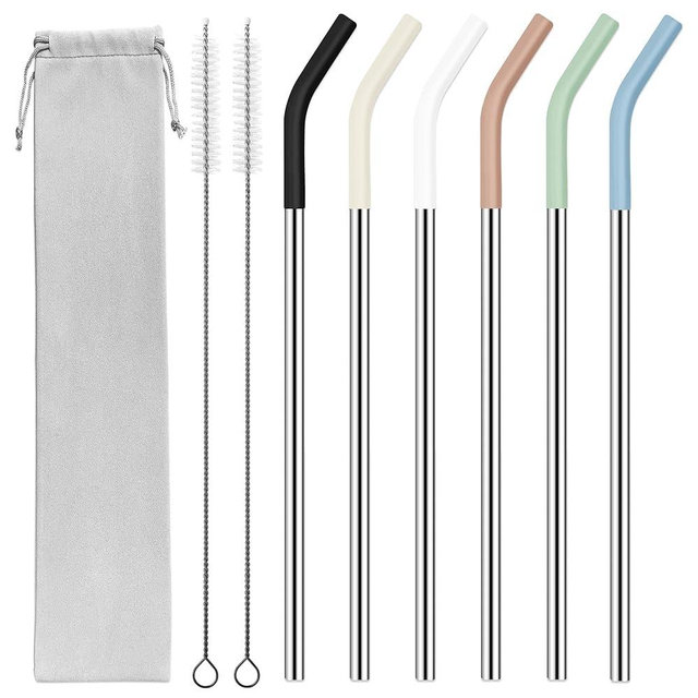 30 oz Stainless Metal Straws for 30 oz Stanley Tumbler, 6Pcs Reusable Straight Long Steel Straws with 12 Silicone Tips and 2 Straw Cleaning Brushes (6Color1, 30oz)