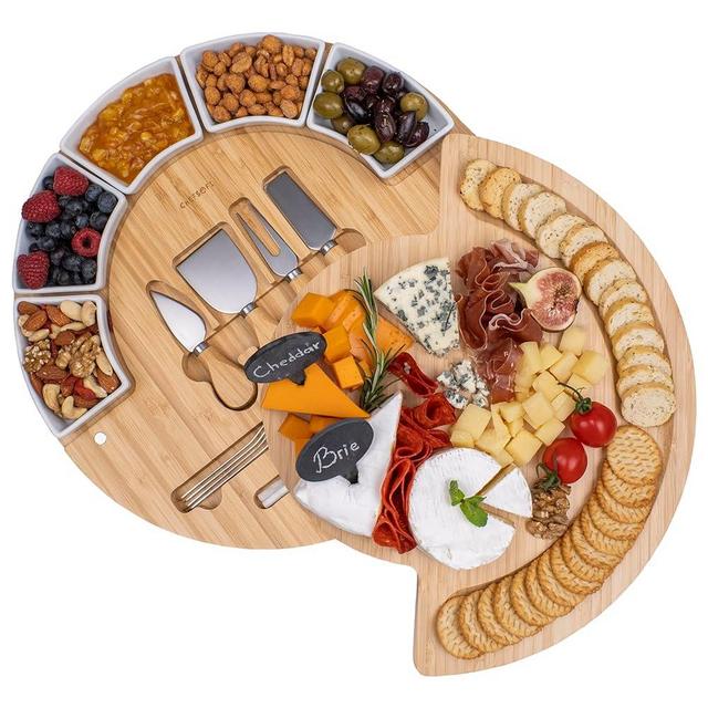 Charcuterie Cheese Board and Platter Set - Made from Bamboo Wood - US Patented 16 inch Cheese Cutting Board and Knife for Entertaining and Serving - 4 Knives - 5 Bowls - 2 Cheese Markers - 4 Forks