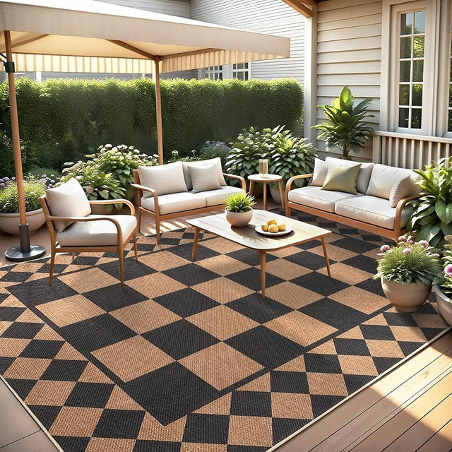 GarveeHome Easy Jute Rug 8x10 Washable Rugs for Living Room Bedroom Checkered Outdoor Rug for Patio Non-Slip No Shed Jute Rugs Geometric Carpet for Farmhouse Dining Room Backyard, Black Brown