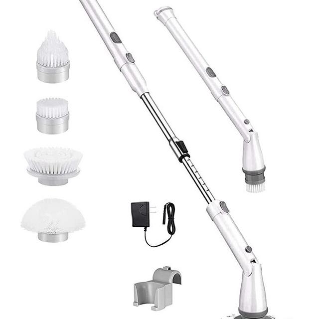 Electric Spin Scrubber, Electric Cleaning Brushes with Extendable Handle and 4 Replaceable Brush Heads, Cordless Spin Scrubber with 1.5 Hrs，Power Cleaning Brush for Bathroom Floor Tile (White)