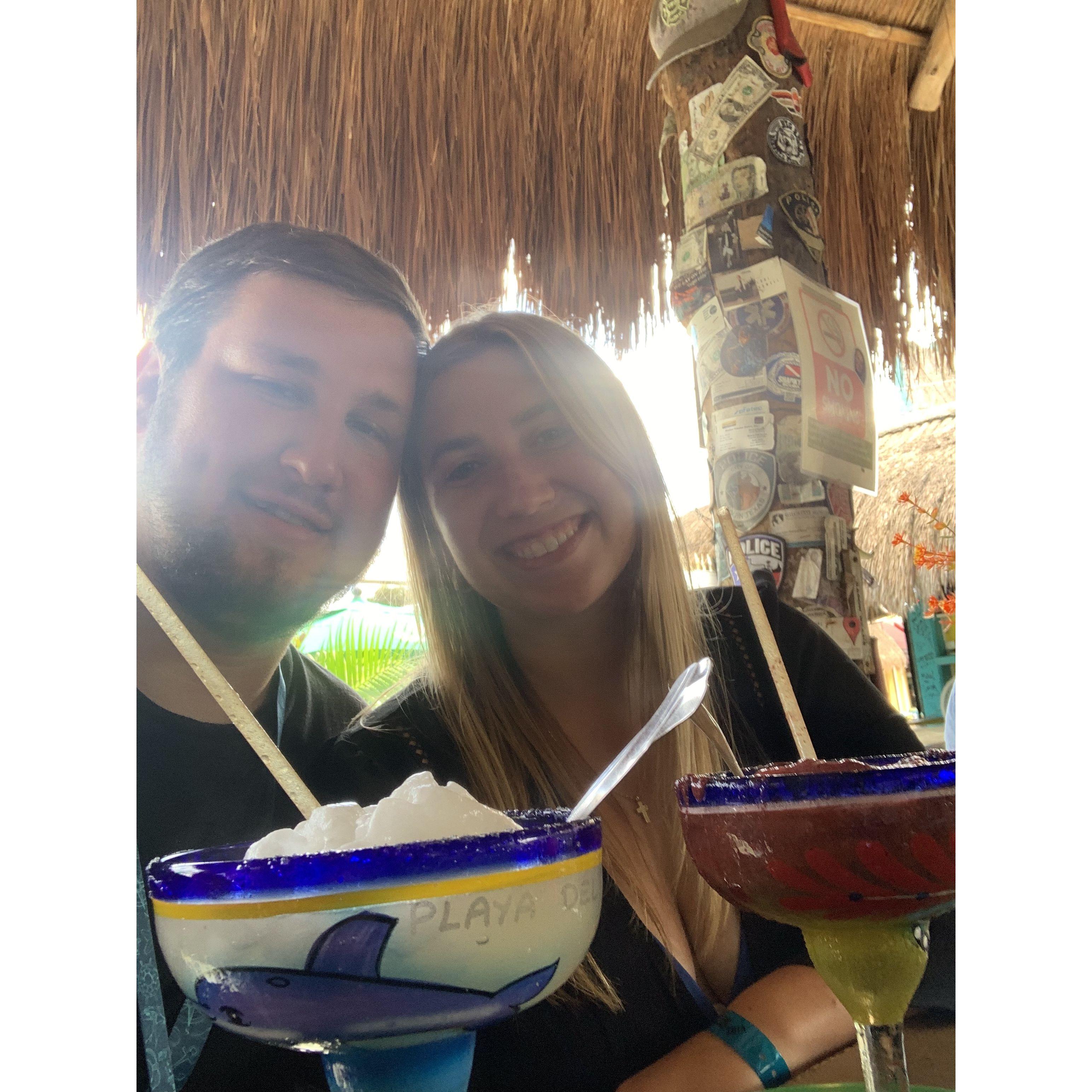 Celebratory margaritas at Wet Wendy's in Cozumel just after getting engaged. Ironically, we were sitting right next to a couple from Oklahoma and the entire bar celebrated us!
