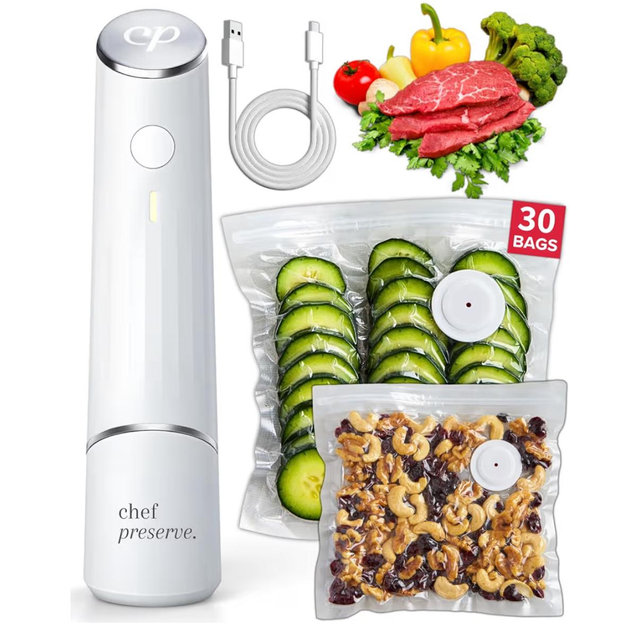 Chef Preserve Compact Vacuum Sealer for Food (Vacuum Sealer Machine + 30 Reusable Vacuum Bags) Powerful Handheld Vacuum Sealer Machine, Seal Meal Saver, Portable Food Sealer