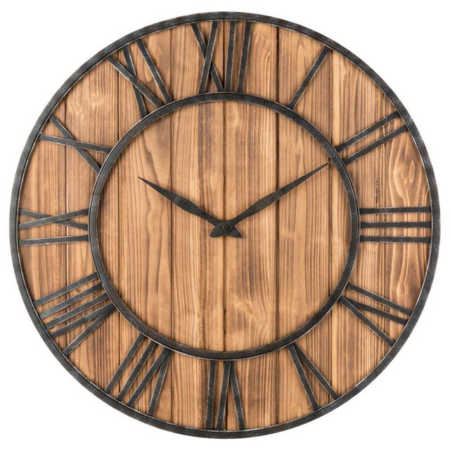 Oldtown Farmhouse Metal & Solid Wood Noiseless Wall Clock (Wood, 30-inch)