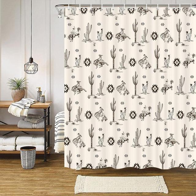 Wathon Western Cowboy Shower Curtain with Cactus Landscape, American Wild West Cowboy on Horse in Desert Bath Curtain Aztec Tribal Navajo Southwestern Theme Bathroom Decor Set with Hooks 70X70IN