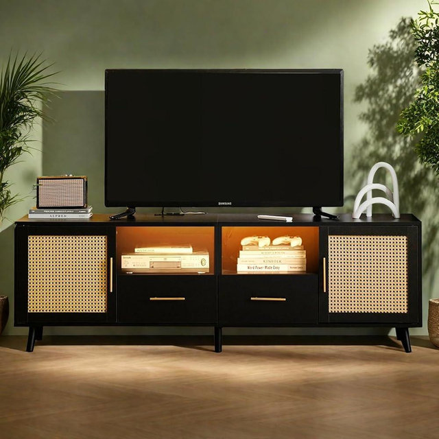 JanflyHome Rattan TV Stand for TV up to 75'', Entertainment Center with LED Light,Mid Century Modern TV Stand with Charging Station and 2 Drawers, Black