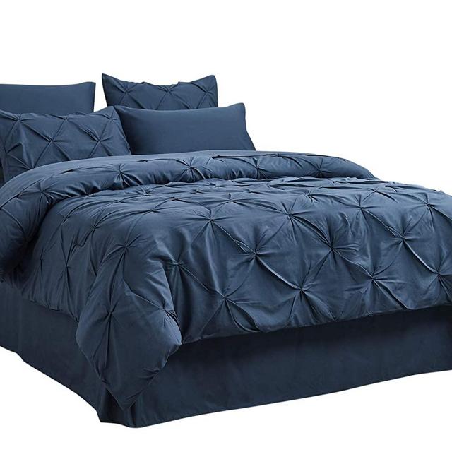 Bedsure Navy California King Comforter Set - 8 Pieces Pintuck Cal King Bed in A Bag, Pinch Pleat Navy Cal King Bed Set with Comforters, Sheets, Pillowcases & Shams, Kids Bedding Set
