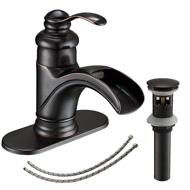 Bathlavish Bathroom Faucet Waterfall Oil Rubbed Bronze Antique Black Sink with Pop up Drain Stopper Vanity Single Hole Lavatory One Handle Mixer Tap Lowe-arc Supply Line Lead-Free