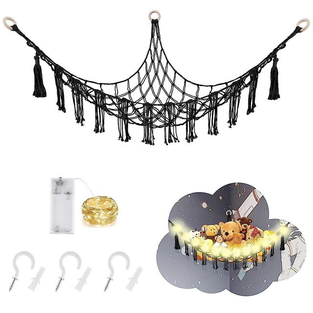 Stuffed Animal Hammock with LED Light, Macrame Net for Stuffed Animals Corner, Hanging Stuffed Animal Net or Hammock, Toy Hammock for Stuffed Animals Storage for Kids Toy Storage, Black
