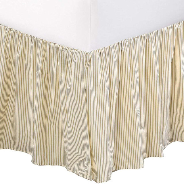 Cozy Line Home Fashions Farmhouse Ticking Cream Ivory Cotton Striped Ruffled Bed Skirt Dust Ruffle, Tailored 16" Drop (King)