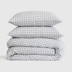 European Linen Gingham Duvet Cover Set in Blue Fog