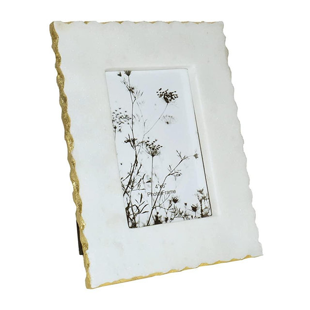 Sagebrook Home Rectangle Marble Frames Jagged W/ Gold Trim Home Decorative Picture Frames, Photo Frame Image Display Home Decor Accessories, 9"H, White