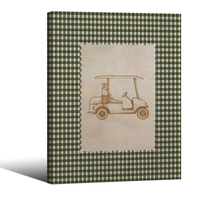 Golf Cart Wall Art Vintage Sports Canvas Poster Minimalist Rustic Green Gingham Prints 08x10 inch Framed for Aesthetic Nursery Room Wall Decor