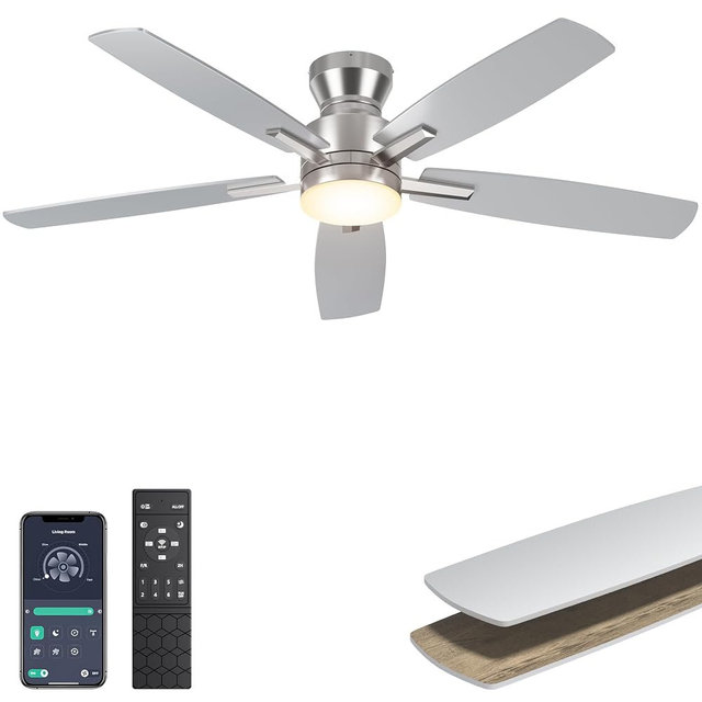 Ohniyou Ceiling Fans with Lights, 52'' Low Profile Ceiling Fan with Light and Remote/APP Control, Modern Flush Mount Ceiling Fan for Indoor Bedroom Living Room, Dimmable, Quiet DC Motor, Silver
