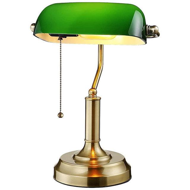 TORCHSTAR Green Glass Bankers Lamp, UL Listed, Antique Desk Lamps with Brass Base, Traditional Library Lamp with Pull Chain, E26 Base, Vintage Desk Lamp for Office, Study Room
