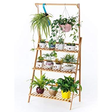 Bamboo 3-Tier Hanging Plant Stand Planter Shelves Flower Pot Organizer Storage Rack Folding Display Shelving Plants Shelf Unit Holder