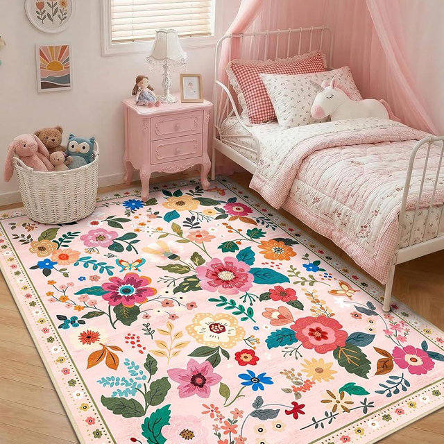 RELEANY Floral Nursery 4x6 Area Rugs Washable Print Boho Cute Carpet Non Slip Flower Low Pile for Living Room Kids Girls Playroom Bedroom Kitchen Office Farmhouse-Pink