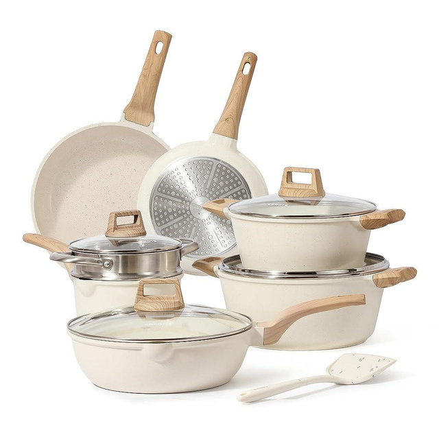 CAROTE Nonstick Cookware Sets, Pots and Pans Set White Granite, Induction Cookware 12 Pcs Non Stick Cooking Set w/Frying Pans & Saucepans(PFOS, PFOA Free)