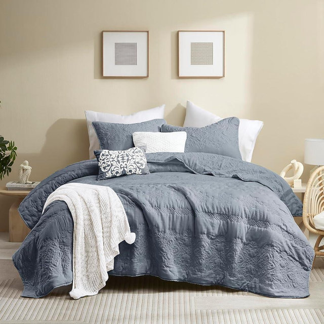 Boho Blue Quilt Queen Size Bedding Sets with Pillow Sham, Bohemian Lightweight Soft Bedspread Coverlet, Farmhouse Quilted Blanket Thin Comforter Bed Cover for All Season, 3 Pieces, 90x90 inches