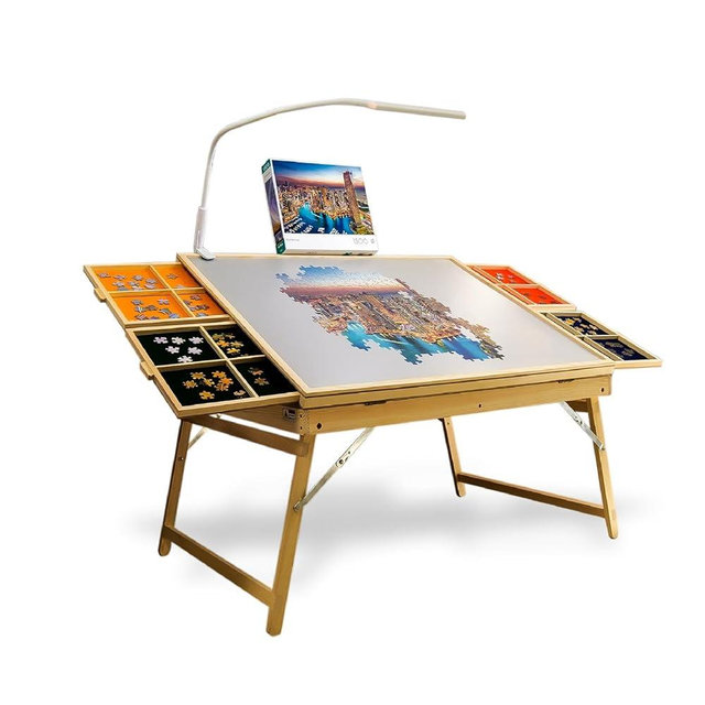 CLEAZY - Portable Wooden Puzzle Table with Foldable Legs and LED Lamp, 1500 Piece Capacity, 4 Drawers & Cover, 3 Adjustable Tilt Angles