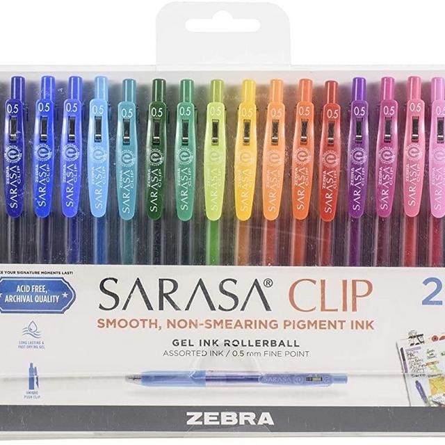 Zebra Pen Sarasa Clip Retractable Gel Ink Pens, Fine Point 0.5mm, Assorted Color Water Based Ink, 20-Count