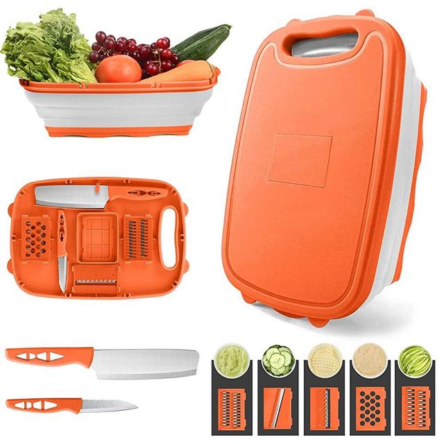 Gintan Collapsible Cutting Board, 9-in-1 Multifunctional Cutting Board, Foldable Chopping Board with Colander, Kitchen Vegetable Washing Basket Silicone Dish Tub for BBQ Prep/Picnic/Camping