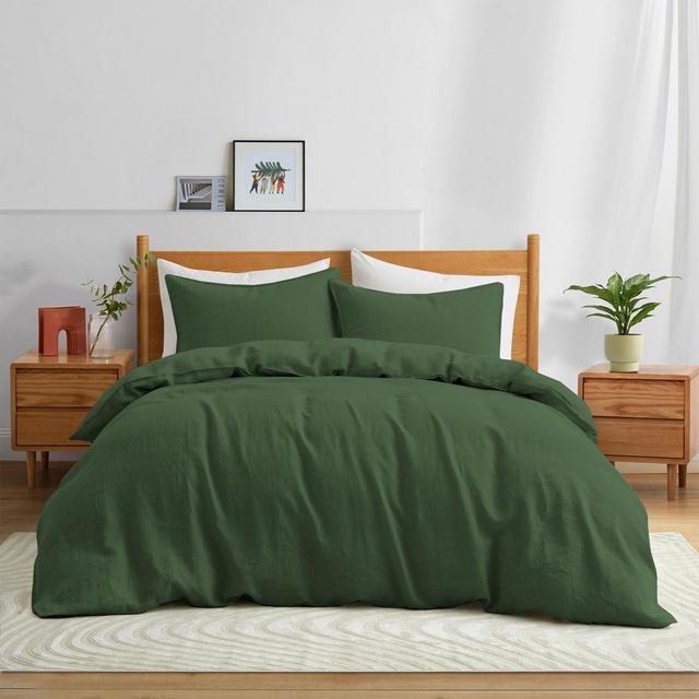 Peace Nest Luxurious 100% Premium Flax Linen Duvet Cover and Pillow Sham Set Moisture-Wicking and Breathable, Green, Full/Queen
