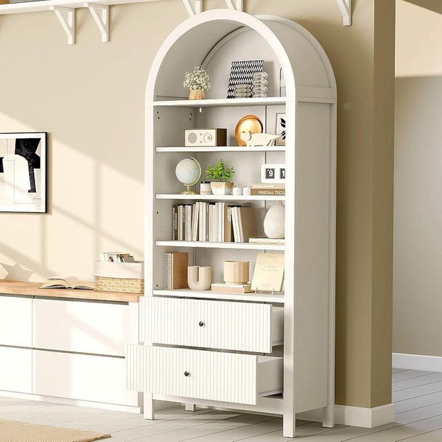GOODONE 71" Tall Arched Bookcase - Arched Bookshelf with 2 Drawers & Adjustable Shelves, Tall Arched Storage Cabinet for Living Room, Kitchen，Home Office（White）