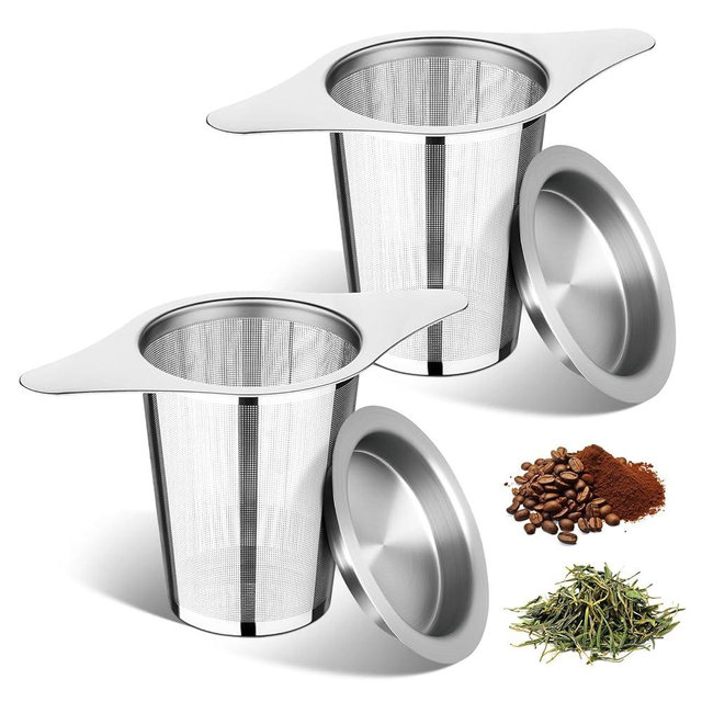FrutPunch Loose Leaf Tea Infuser with Lid Set of 2, Ultra-Fine Mesh Tea Strainer, Large Capacity, Double Handles, Can be Hung on Teapot, Cup, Gift for Tea Lovers