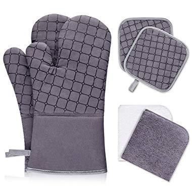IXO 6Pcs Oven Mitts and Pot Holders, 500℉ Heat Resistant Oven Mitts with Kitchen Towels Soft Cotton Lining and Non-Slip Surface Safe for Baking, Cooking, BBQ (Grey)