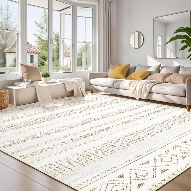 Large Living Room Area Rug 8x10: Soft Machine Washable Boho Moroccan Farmhouse Rugs for Bedroom Under Dining Table - Non Slip Neutral Morden Indoor Floor Carpet for Home Office Decor - Brown/Cream