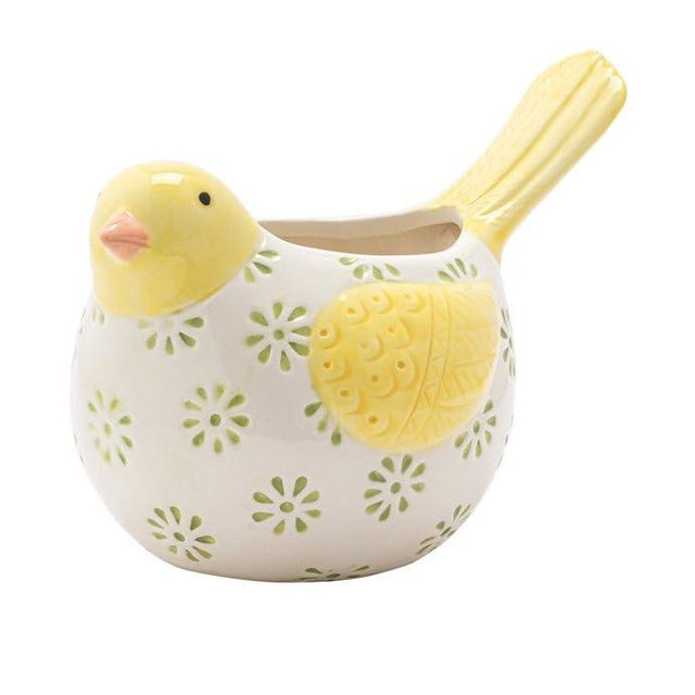 Napco Imports Decorative Home or Garden 5 x 7 Inch Indoor or Outdoor Flower Pot Planter Yellow and White Floral Bird