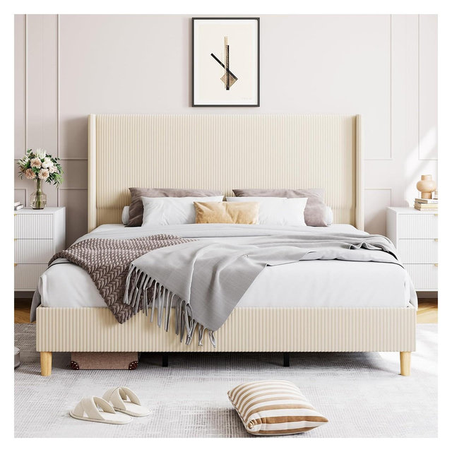 Queen Bed Frame, Corduroy Upholstered Queen Bed Frame with Wingback Headboard, No Box Spring Needed, Solid Wooden Slats, Noise Free