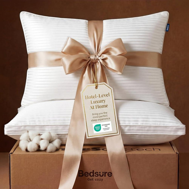 Bedsure Bed Pillows Queen Size Set of 2 - Hotel Quality Down Alternative Support Gusseted Pillow for Sleeping - 100% Cotton Cover 300 Thread Count - PureWoven Bedding for Back, Stomach Sleepers