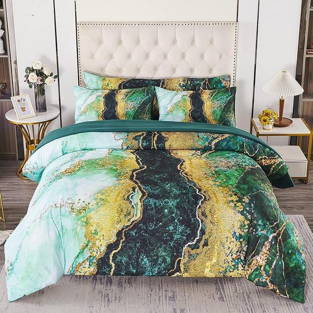 URBONUR 6 Pcs Marble Comforter Set King Green/Gold Mountain Fluid Marbling Print Bed in A Bag Abstract Watercolor Bedding Comforter with Sheets Set (6-Piece, Green, King)