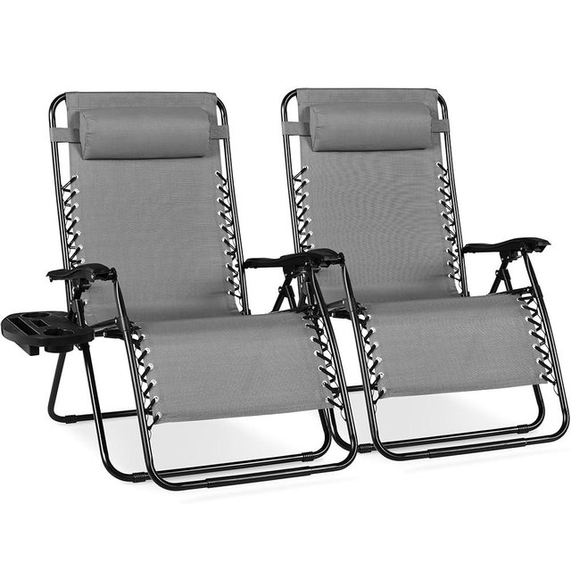 Best Choice Products Set of 2 Extra Wide Adjustable Steel Mesh Zero Gravity Lounge Chair Recliners w/Pillows and Cup Holder Trays - Ice Gray
