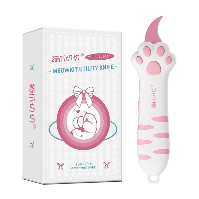 MEOWKIT Cat Paw Box Cutter Retractable with Cat Paw Handle, Multifunctional Knife Set (Pink)