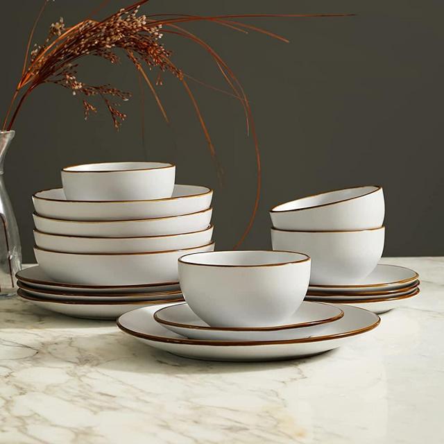 Stone + Lain Brasa Stoneware 16-Piece Round Dinnerware Set with Pasta Bowls, White