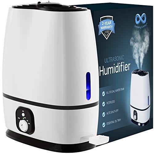 Everlasting Comfort Ultrasonic Humidifier (6L) - Essential Oil Tray, High Mist Output, Adjustable Knob and 360 Deg. Nozzles. Ultra Quiet, Auto Shut Off, Night Light, Large Capacity Vaporizer