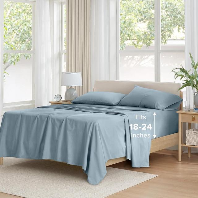 Comfort Spaces Extra Deep Pocket, 100% Cotton Sheets Queen Fits up to 24" Mattress, Breathable, Naturally Cool Cotton, Soft Cotton, All Seasons Sheet Set, Blue 4 Piece