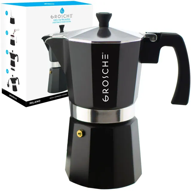 GROSCHE Milano Stovetop Espresso Maker Moka Pot 12 Espresso Cup size 23.6oz, Black