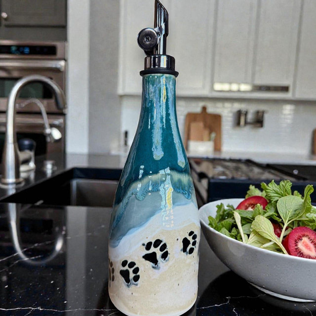 Handmade Wheel Thrown Paw Prints Ceramic Oil /Vinegar Dispenser