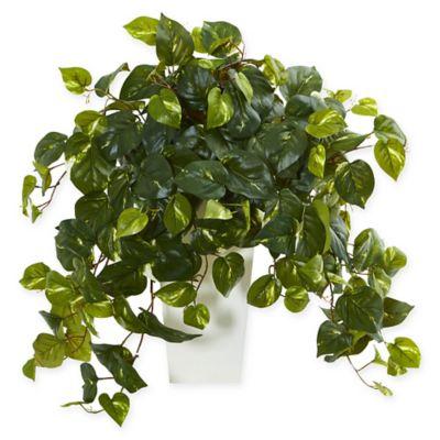 Nearly Natural 24-Inch Pothos Hanging Artificial Plant in White Vase