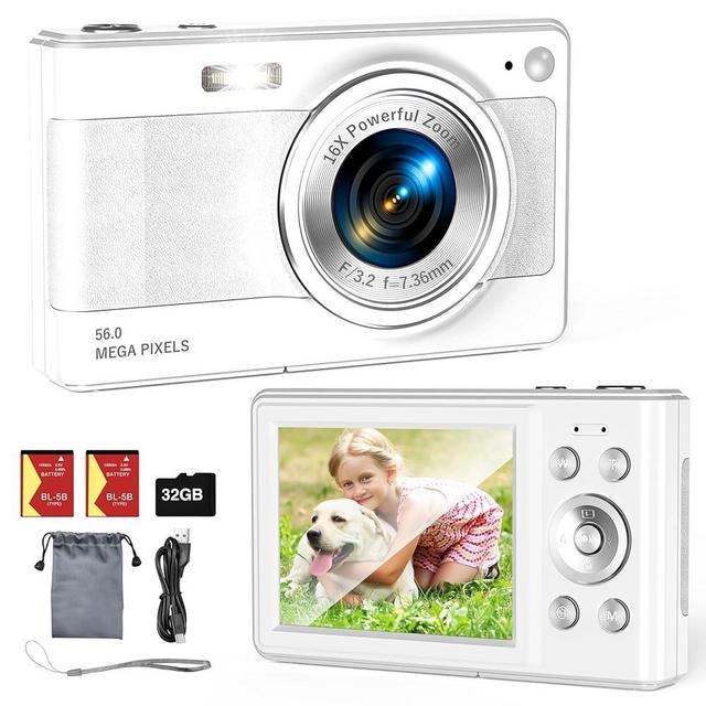 Upgrade Digital Camera, 56MP FHD 1080P Camera for Kids with 16x Zoom Anti Shake, Kid Camera with 32GB TF Card, Two Batteries, Lanyard, Compact Small Camera for Kids Boys Girls（White）