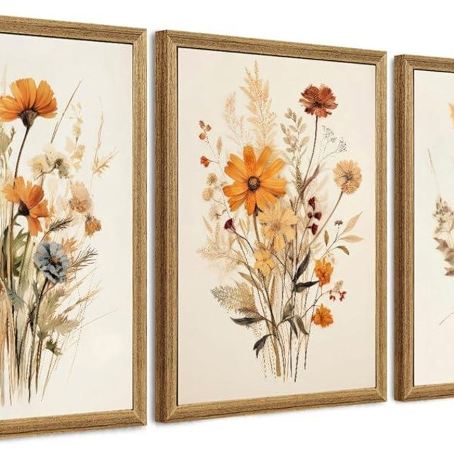 Framed Vintage Wildflower Canvas Wall Art Floral Set of 3 Country Farmhouse Watercolor Flowers Prints Rustic Wood Frame Botanical Artwork Poster for Bedroom Living Room Girls Room Decoration 12" x 16"