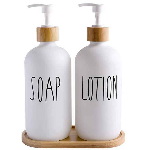 MOMEEMO White Soap Dispenser Bathroom Set, Bathroom Soap Dispenser Set with Glass Soap Dispenser, Bamboo Pumps & Tray. Soap and Lotion Dispenser Set Suitable for Bathroom Accessories Decor. (White)