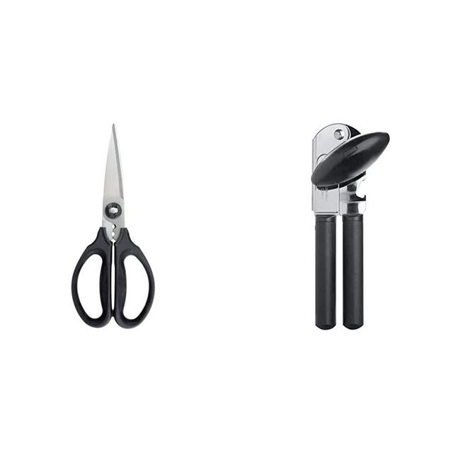 OXO Good Grips Multi-Purpose Kitchen and Herbs Scissors,Multicolor,Pack of 1 & Good Grips Soft-Handled Can Opener,Black,None