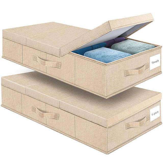 Under Bed Storage Containers Bin With Lid (Set of 2）Large Underbed Storage Organizer Box with Handle, Foldable Sturdy Under The Bed Storage Bags for Organizing Clothes, Shoes, Blankets, Pillows-Khaki