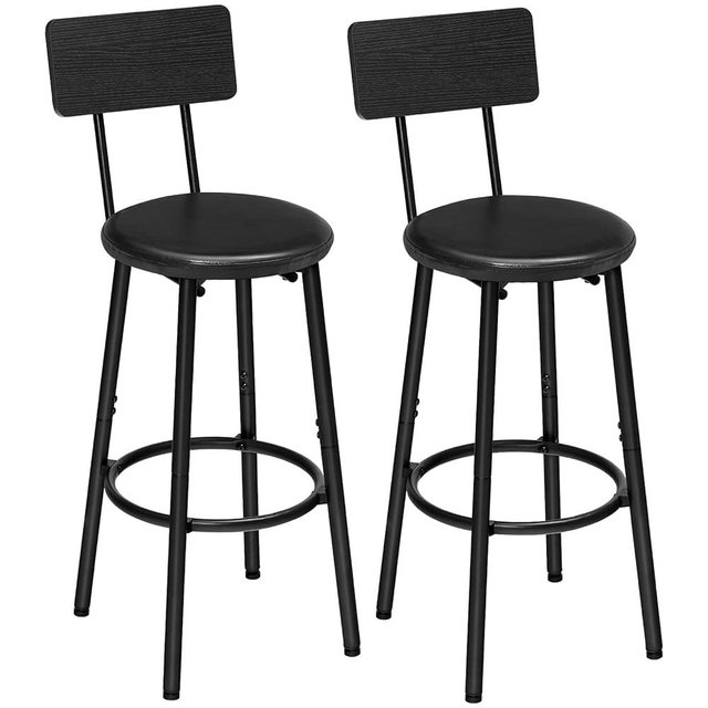 HOOBRO Bar Stools, Set of 2 Bar Stools with PU Upholstered, Bar Chairs with Footrest and Back, 26" Bar Stools for Kitchen Island, Dining Room, Easy to Assemble, Black BK31BY01G2
