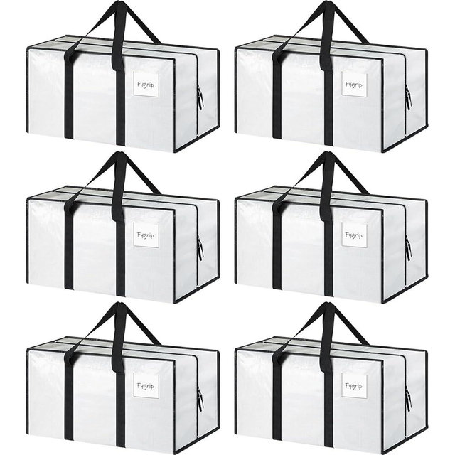 6 Pack Extra Heavy Duty Large Moving Bags with Strong Zipper & Comfortable Handles, Sturdy & Durable Clothes Storage Bags Totes Bins, Packing Moving Boxes for College Supplies, White