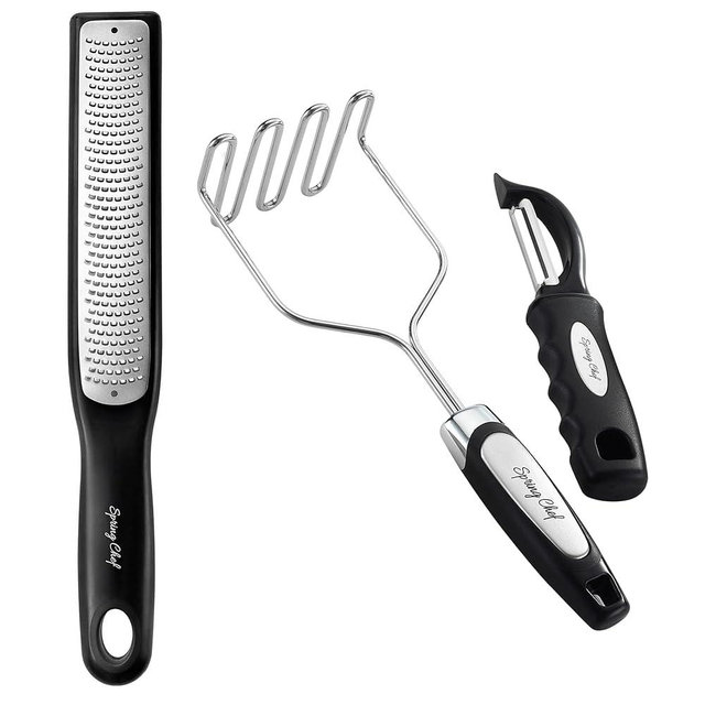 Spring Chef Premium Handheld Zester/Fine Grater & Stainless Steel Potato Masher and Vegetable Swivel Peeler Set - 2 Product Bundle - Black